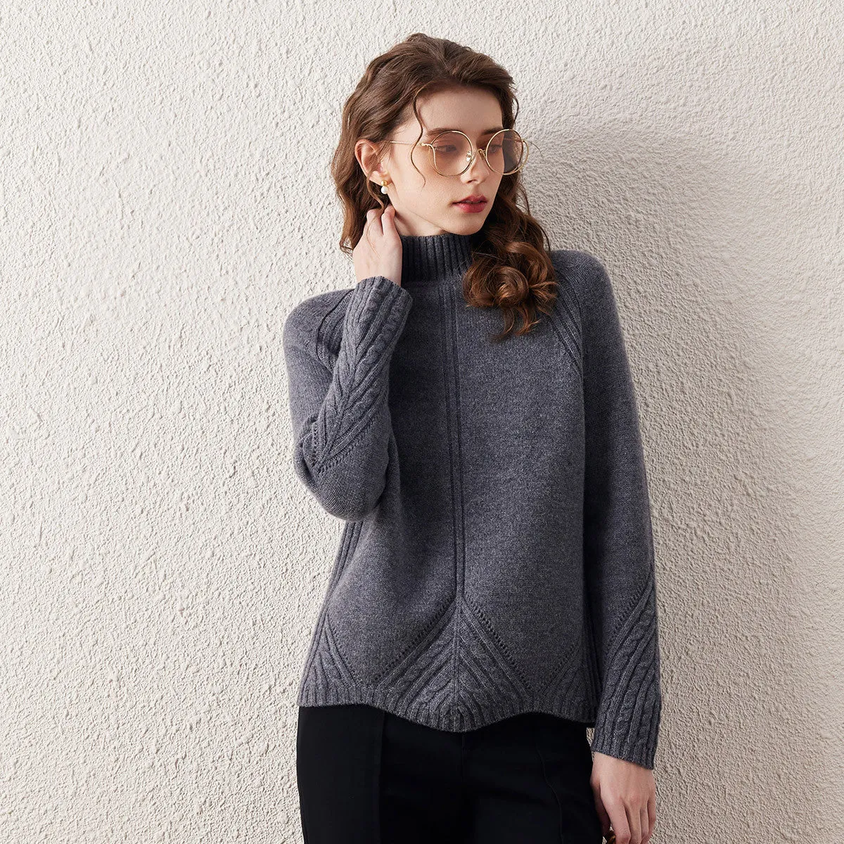 100% Wool Mock Neck Cable Knit Sweater