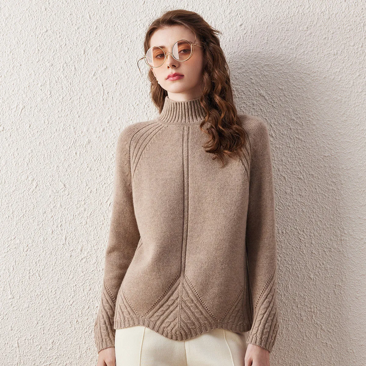 100% Wool Mock Neck Cable Knit Sweater