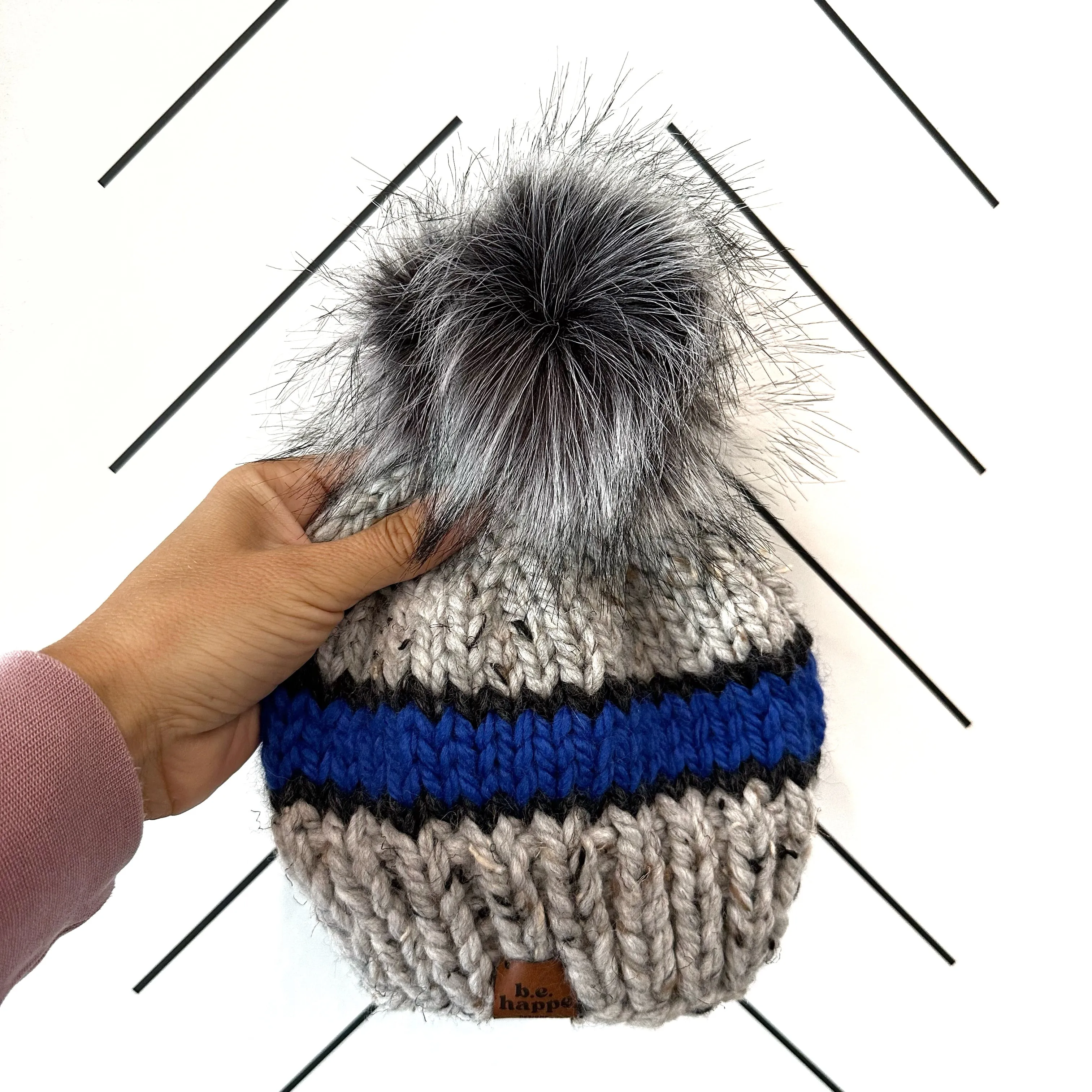 6-12 month Baby Knit Pom Hat | Gray   Royal Blue