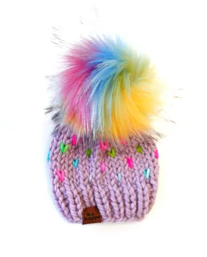 Adult Knit Hearts Pom Hat | Purple Rainbow