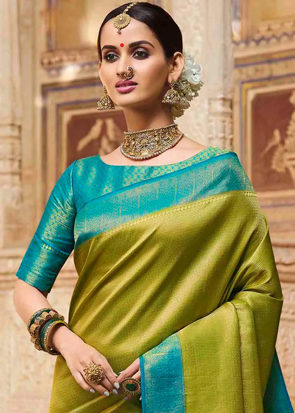 Avocado Green Woven Kanjivaram Silk Saree