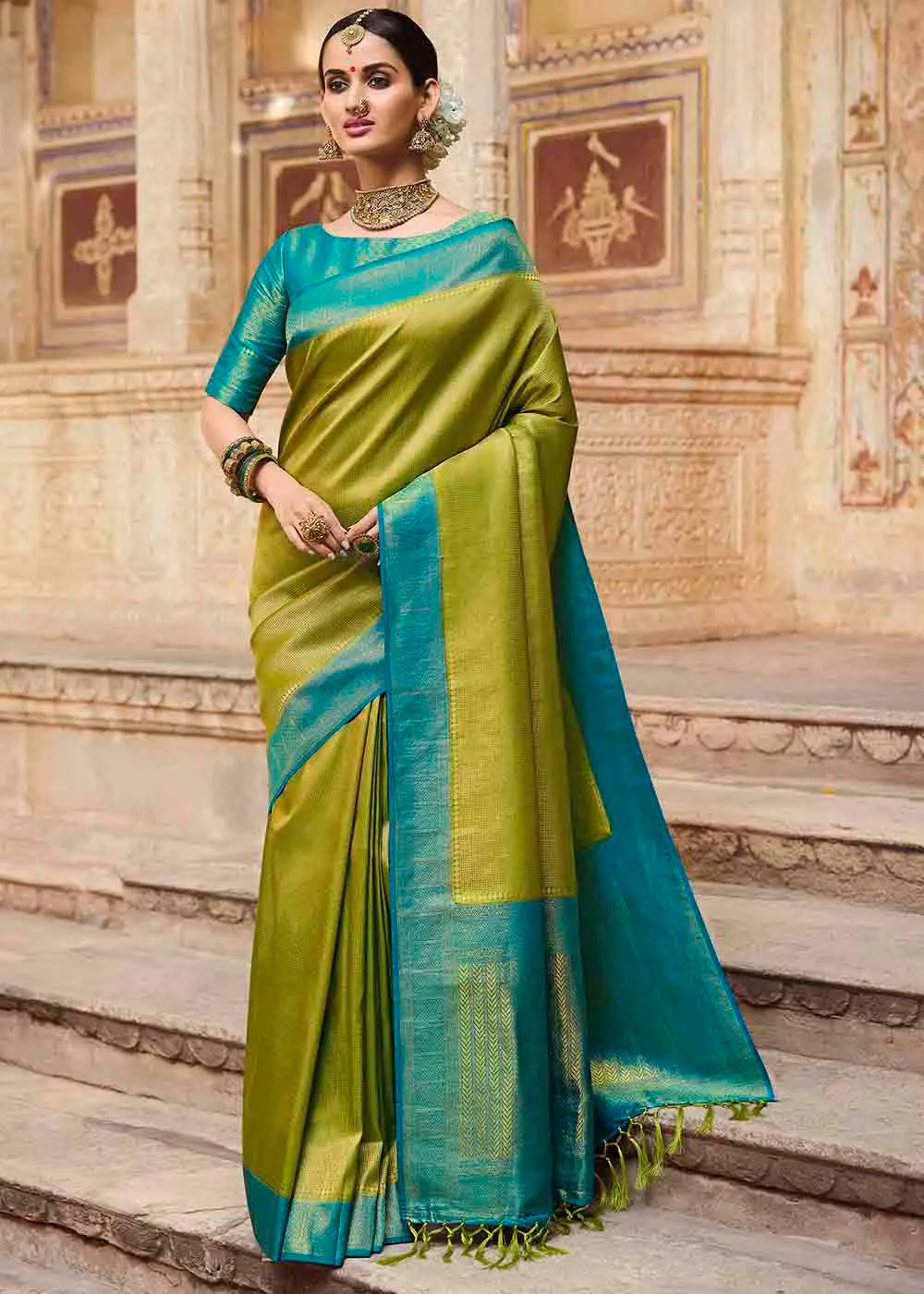 Avocado Green Woven Kanjivaram Silk Saree