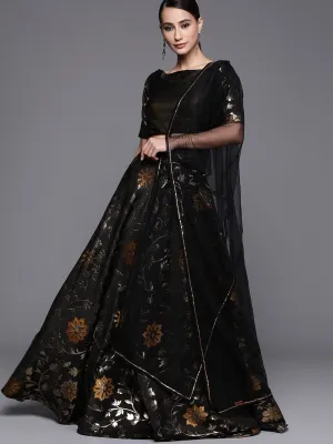 Black Gold Floral Woven Semistitched Lehenga with Blouse and Net Dupatta