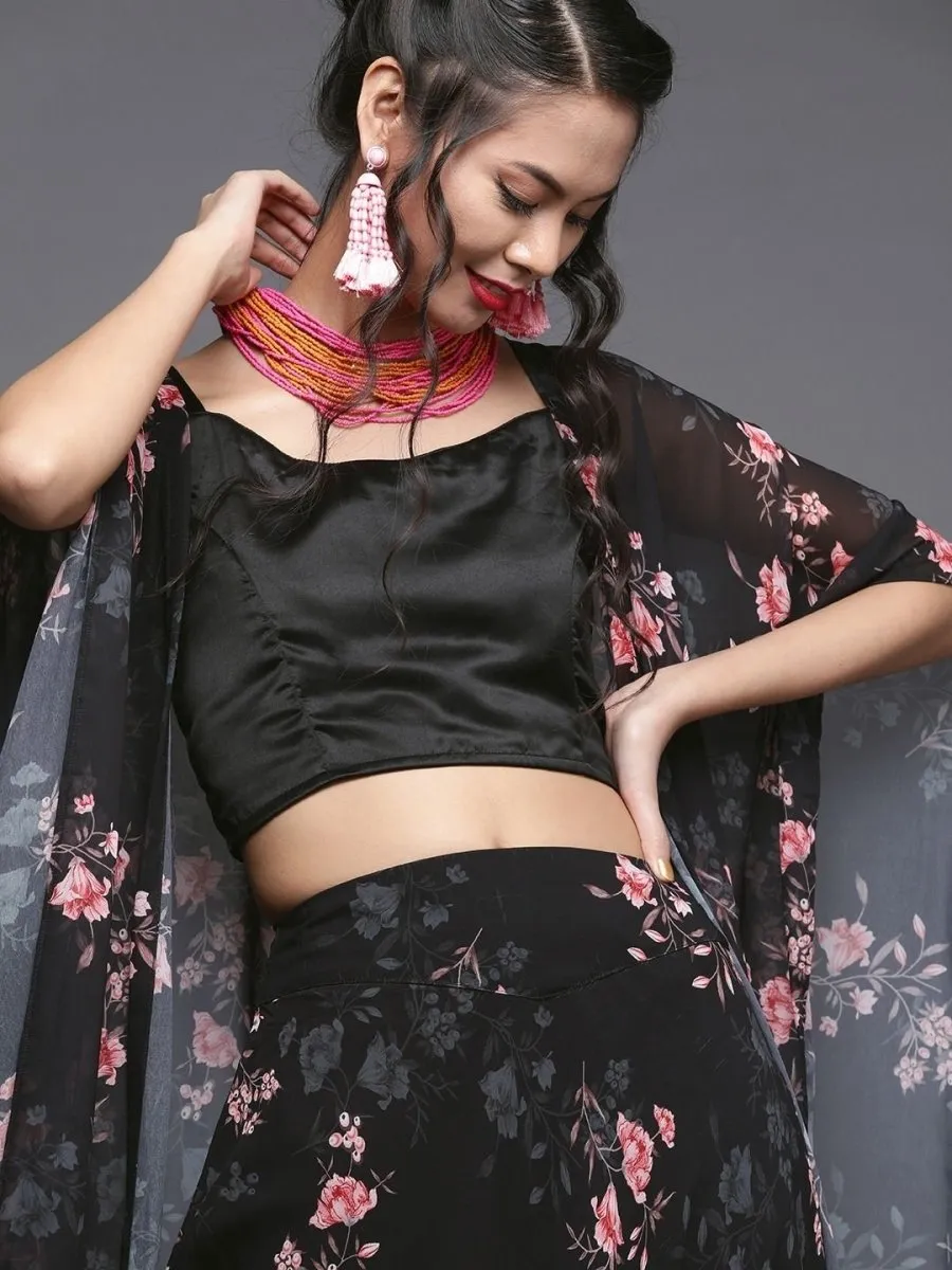 Black Silk Blend Printed Lehenga Choli