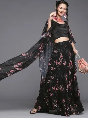 Black Silk Blend Printed Lehenga Choli