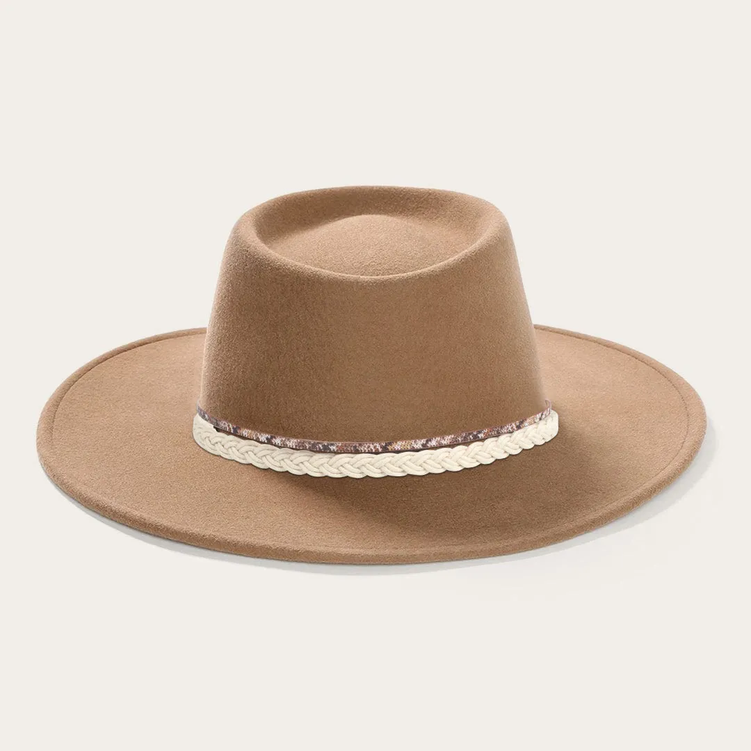 Brown Felt Hat with Flat Crown and White Woven Hatband