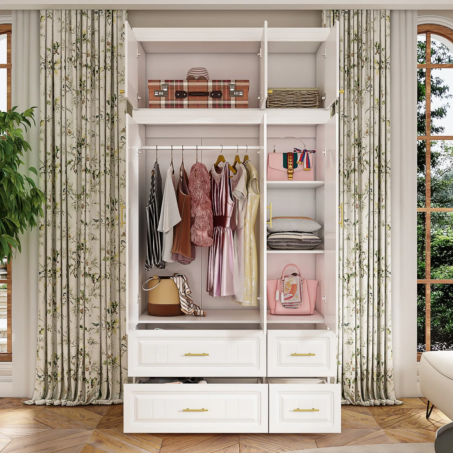 Clothes Closet Storage Cabinet with Metal Handles for Small Spaces