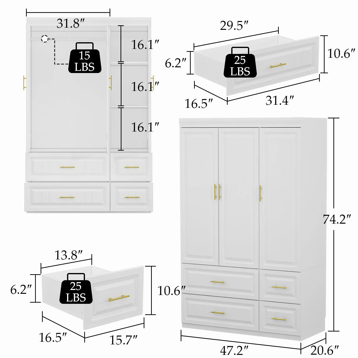 Clothes Closet Storage Cabinet with Metal Handles for Small Spaces