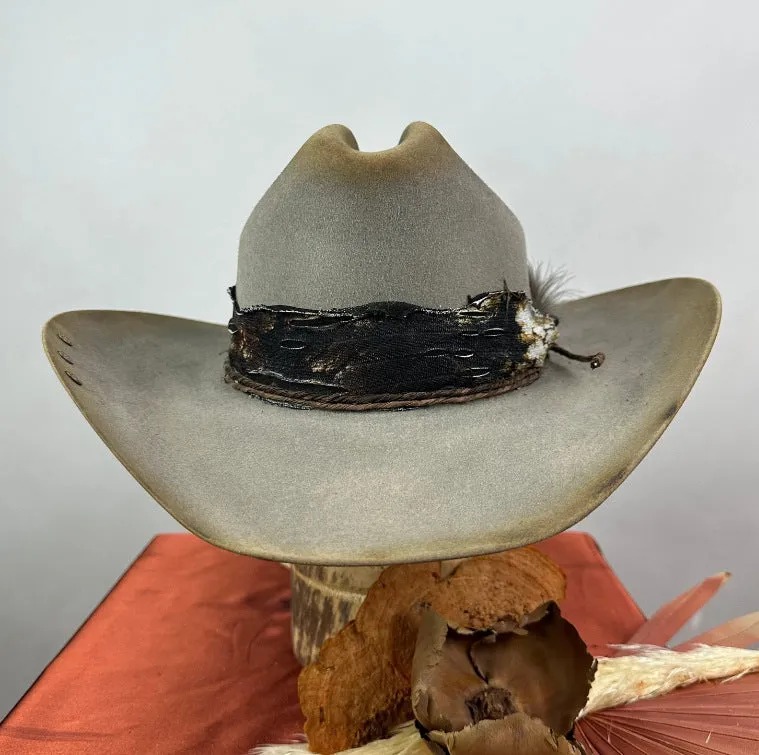 Distressed Fedora Adorned With Scarf Feather And Rope