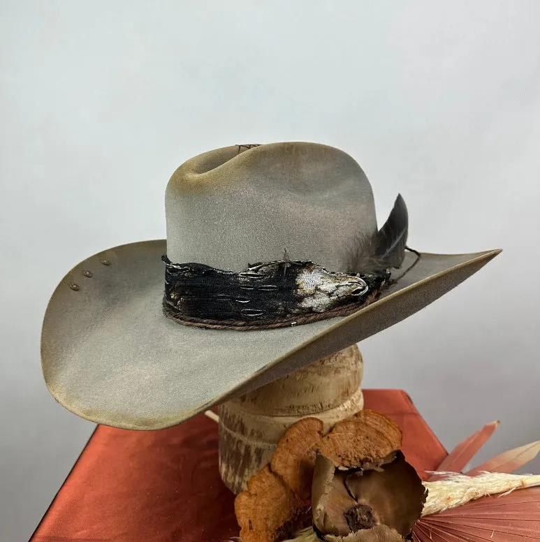 Distressed Fedora Adorned With Scarf Feather And Rope