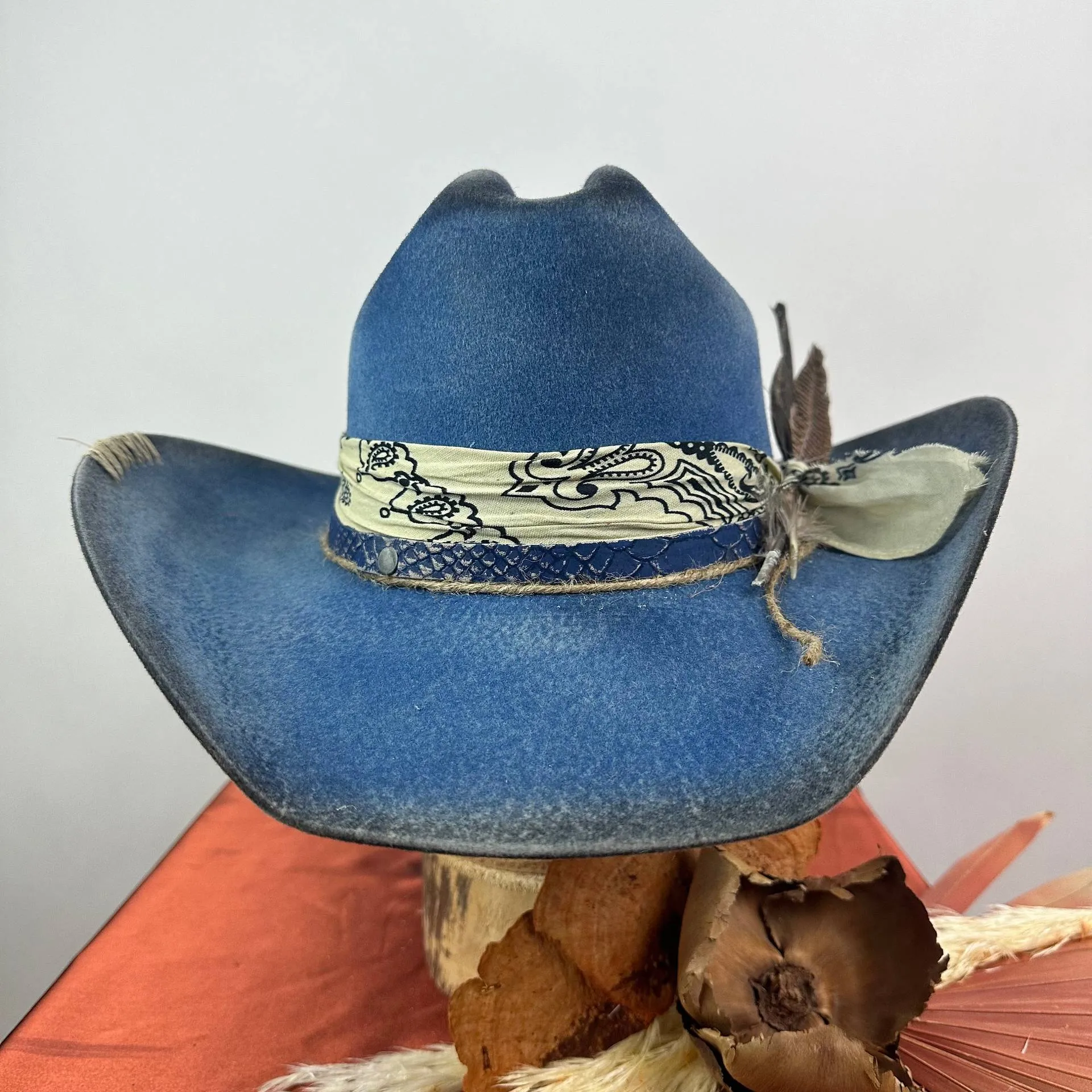 Distressed Fedora Adorned With Scarf Feather And Rope