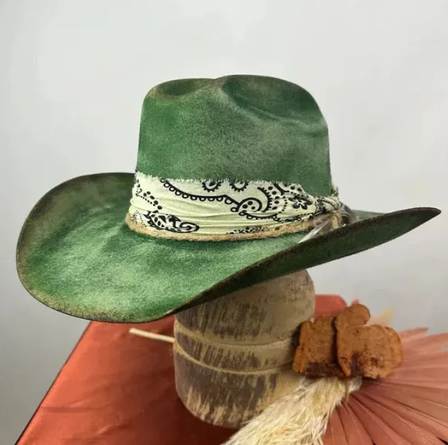 Distressed Fedora Adorned With Scarf Feather And Rope