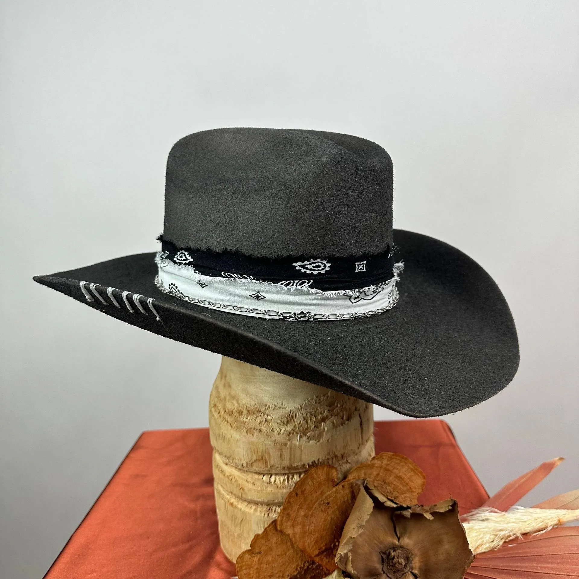 Distressed Fedora Adorned With Scarf Feather And Rope