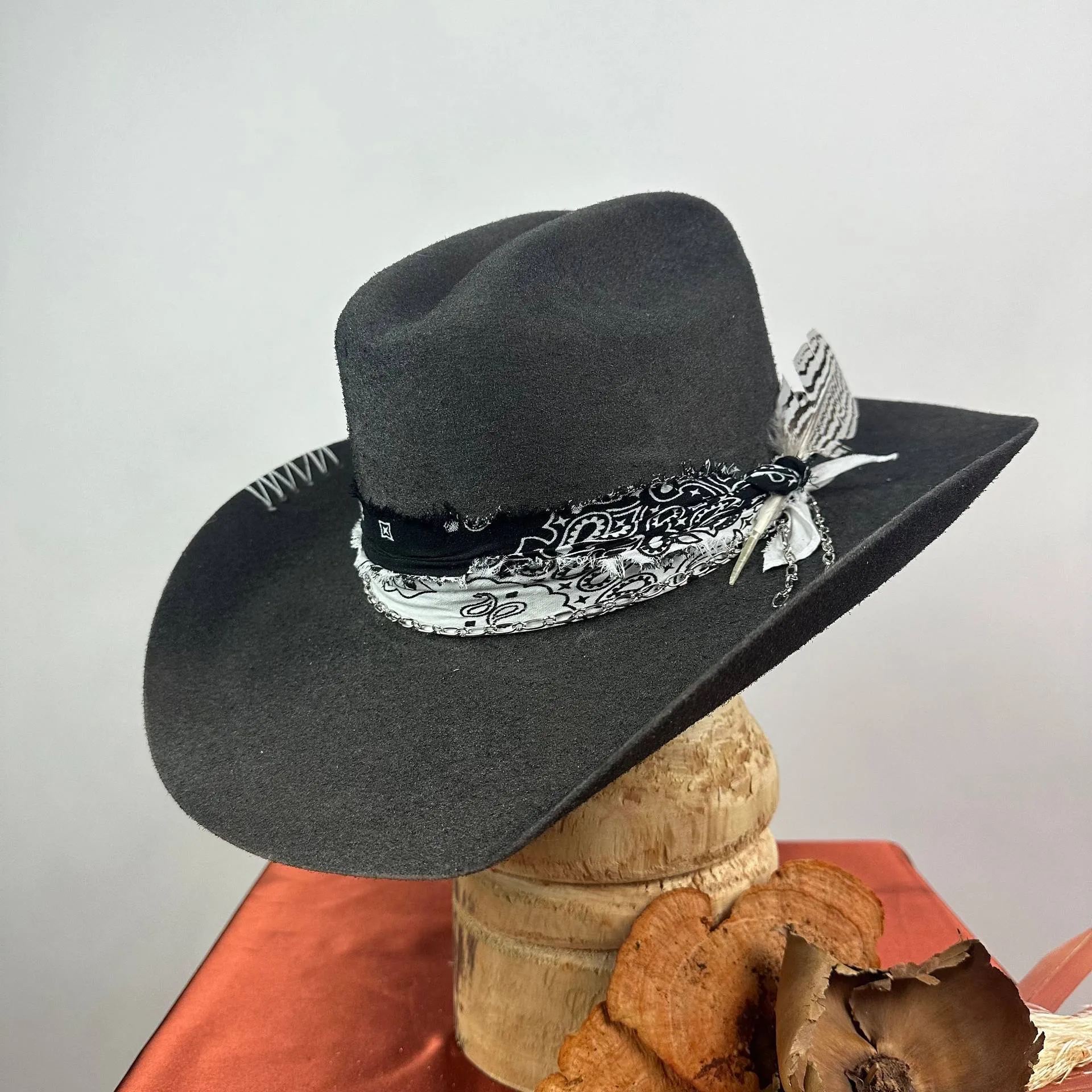 Distressed Fedora Adorned With Scarf Feather And Rope