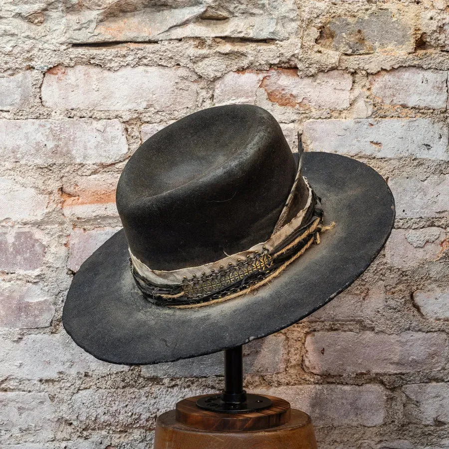 Distressed Fedora with Feather Rope Conical Crown Curved Brim