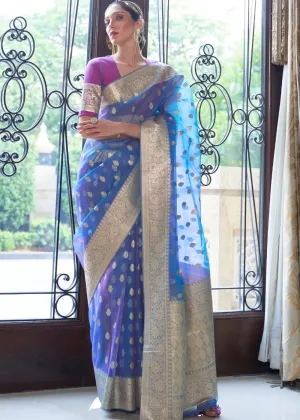 Egyptian Blue Zari Woven Organza Silk Saree