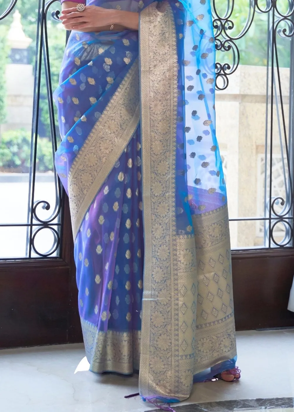 Egyptian Blue Zari Woven Organza Silk Saree