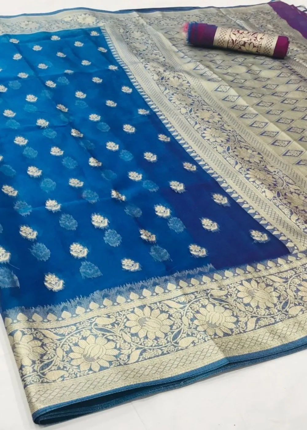 Egyptian Blue Zari Woven Organza Silk Saree