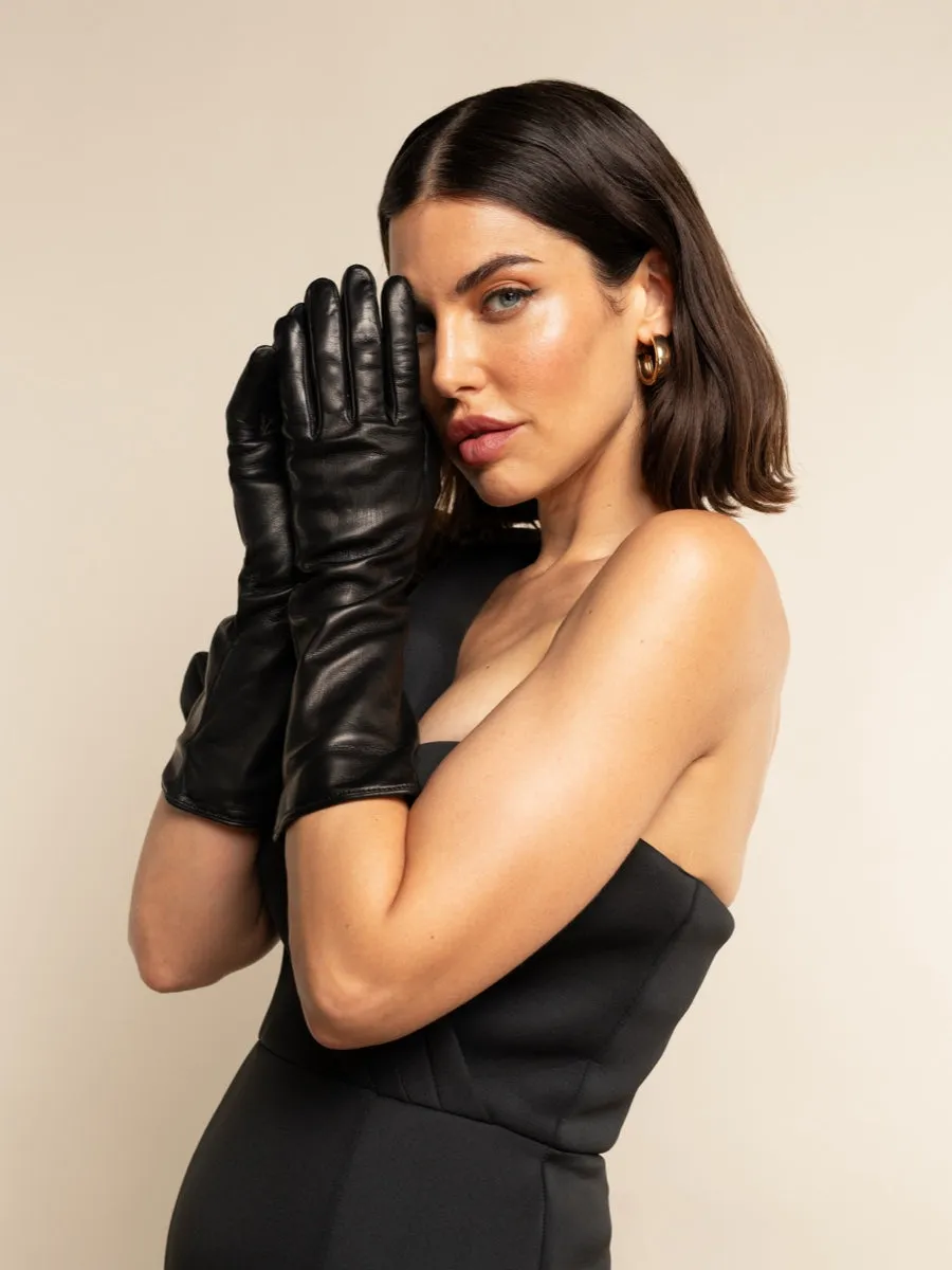 Elena (black) - Italian silk lined 6-button length leather opera gloves