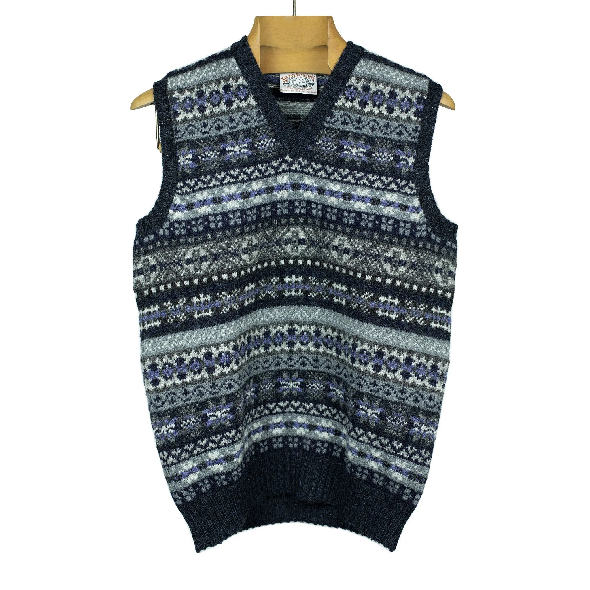 Fair Isle v-neck sweater vest, grey, charcoal & lilac (restock)