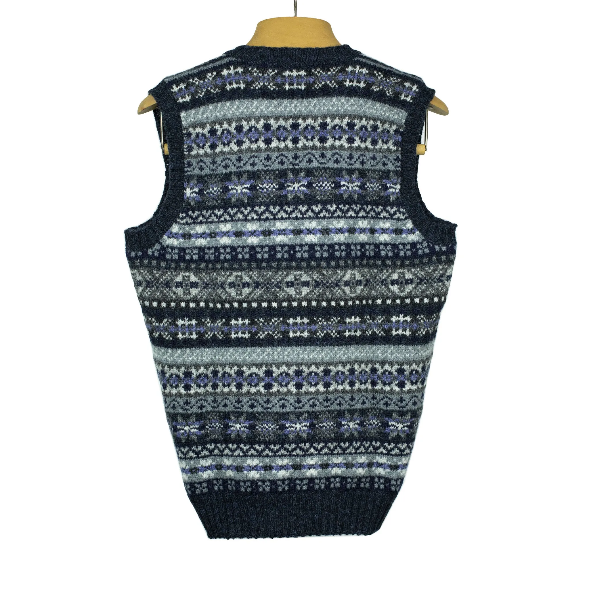 Fair Isle v-neck sweater vest, grey, charcoal & lilac (restock)