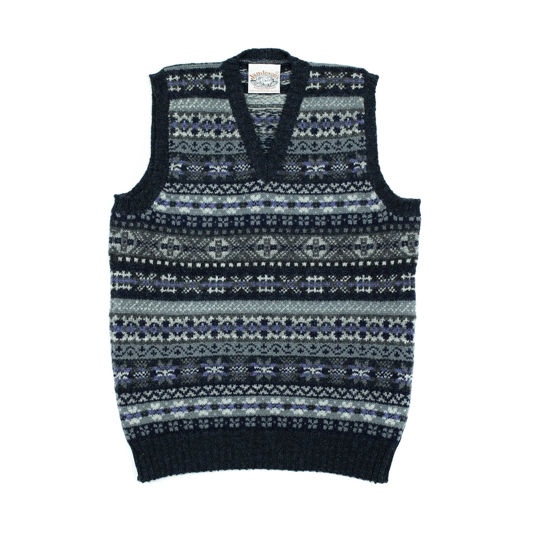 Fair Isle v-neck sweater vest, grey, charcoal & lilac (restock)