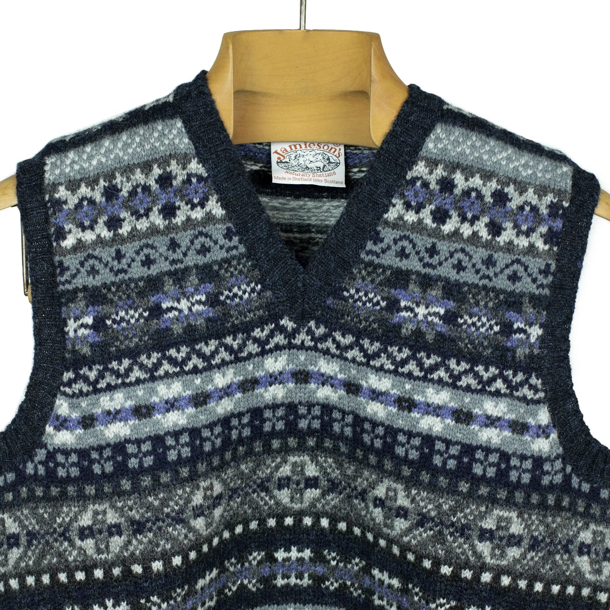 Fair Isle v-neck sweater vest, grey, charcoal & lilac (restock)