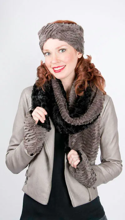 Faux Fur Gift Set - Infinity Scarf and Fingerless Gloves in Gray Chevron