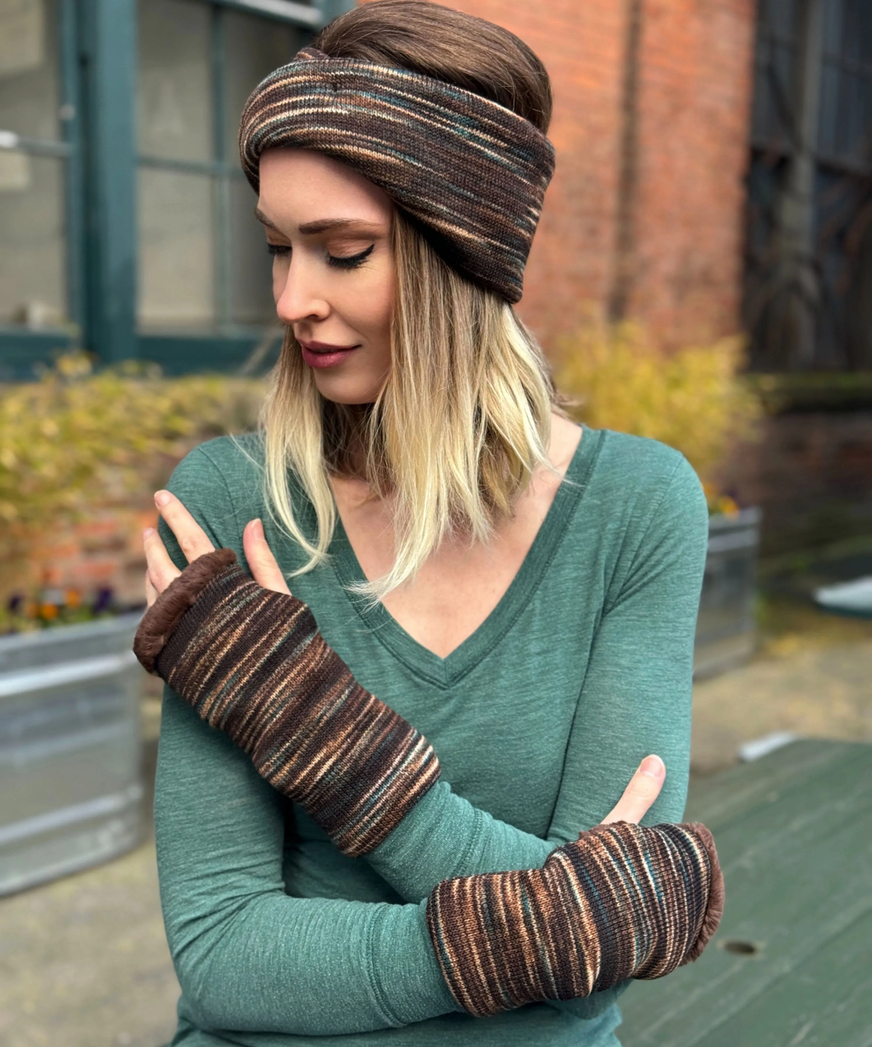 Fingerless Gloves in Mid-Length - Sweet Stripes in English Toffee with Assorted Faux Fur