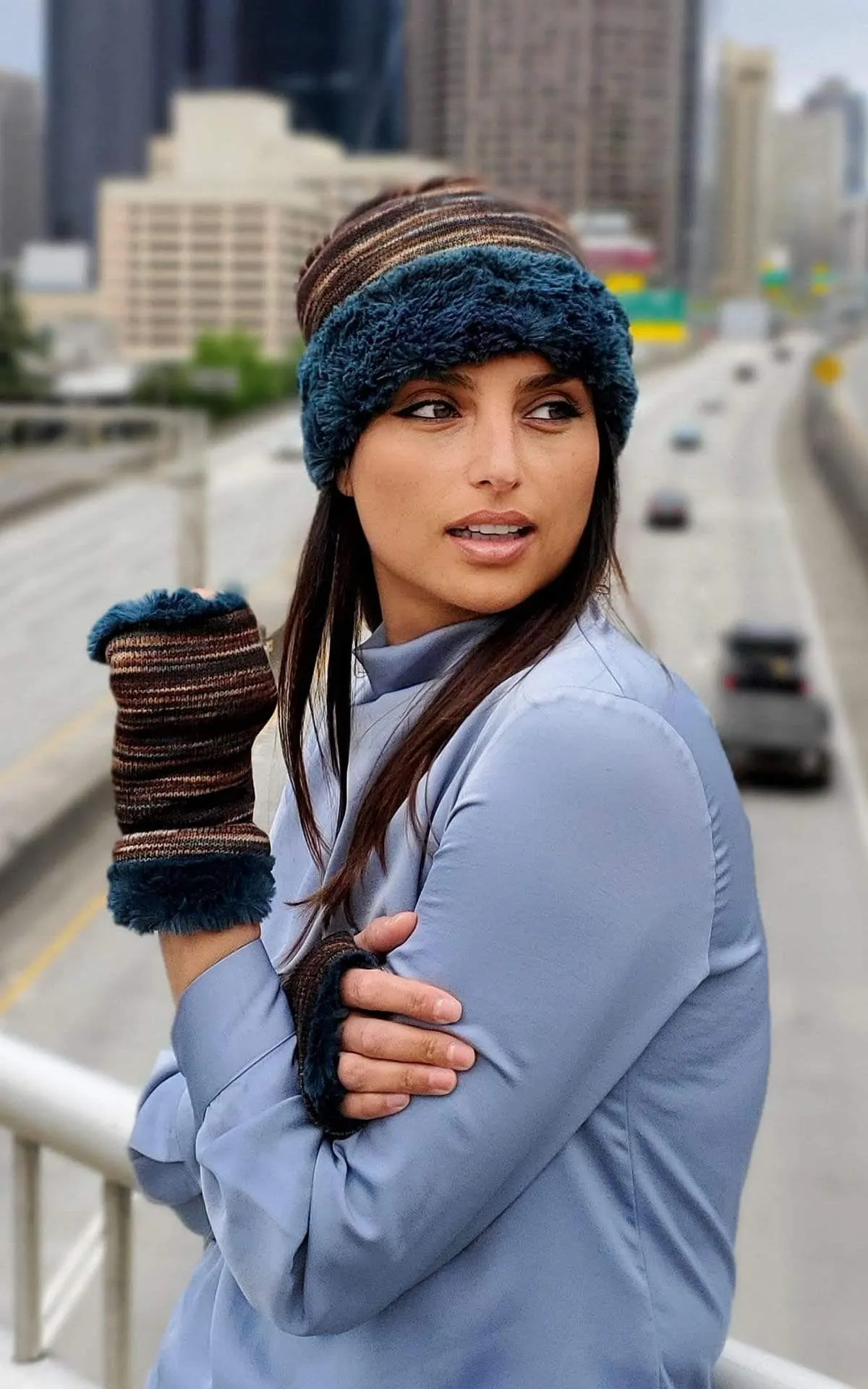 Fingerless Gloves in Mid-Length - Sweet Stripes in English Toffee with Assorted Faux Fur