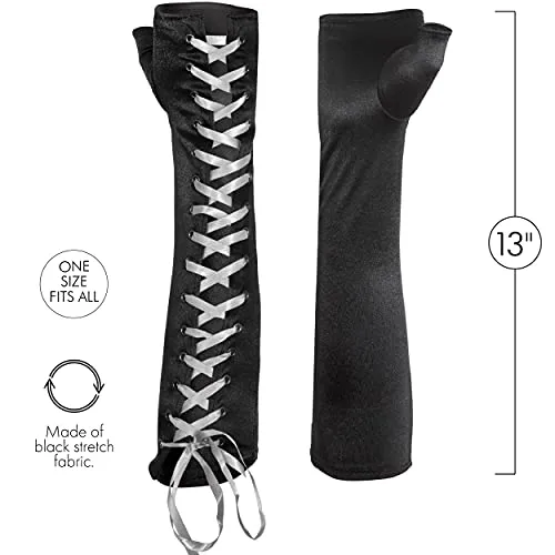 Fingerless Lace Up Gloves -  Long Black Costume Elbow Arm Warmer Accessories with White Satin Laced Tie for Dress Up