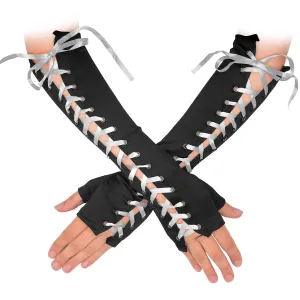 Fingerless Lace Up Gloves -  Long Black Costume Elbow Arm Warmer Accessories with White Satin Laced Tie for Dress Up