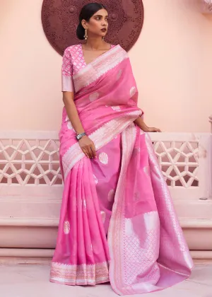 Fuscia Pink Woven Linen Silk Saree