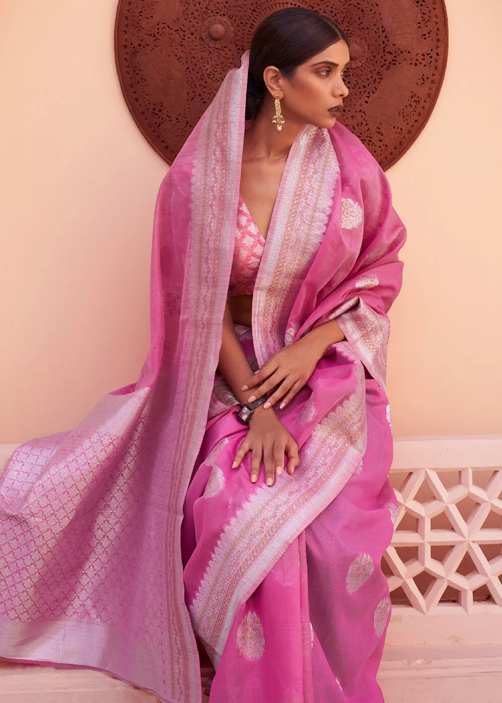 Fuscia Pink Woven Linen Silk Saree