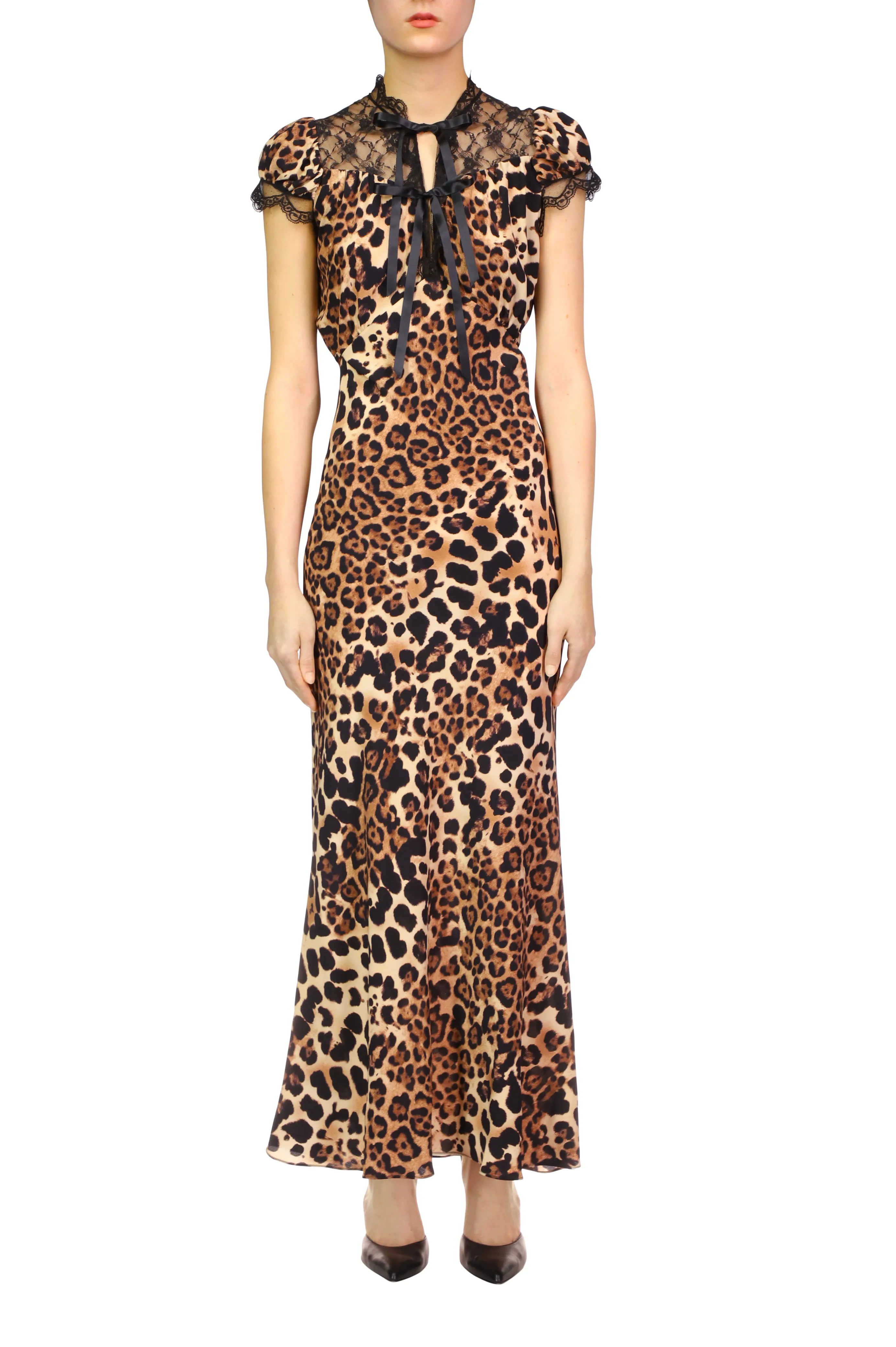 Leopard Printed Silk Crepe De Chine Bias Dress With Lace And Ruffle Detail