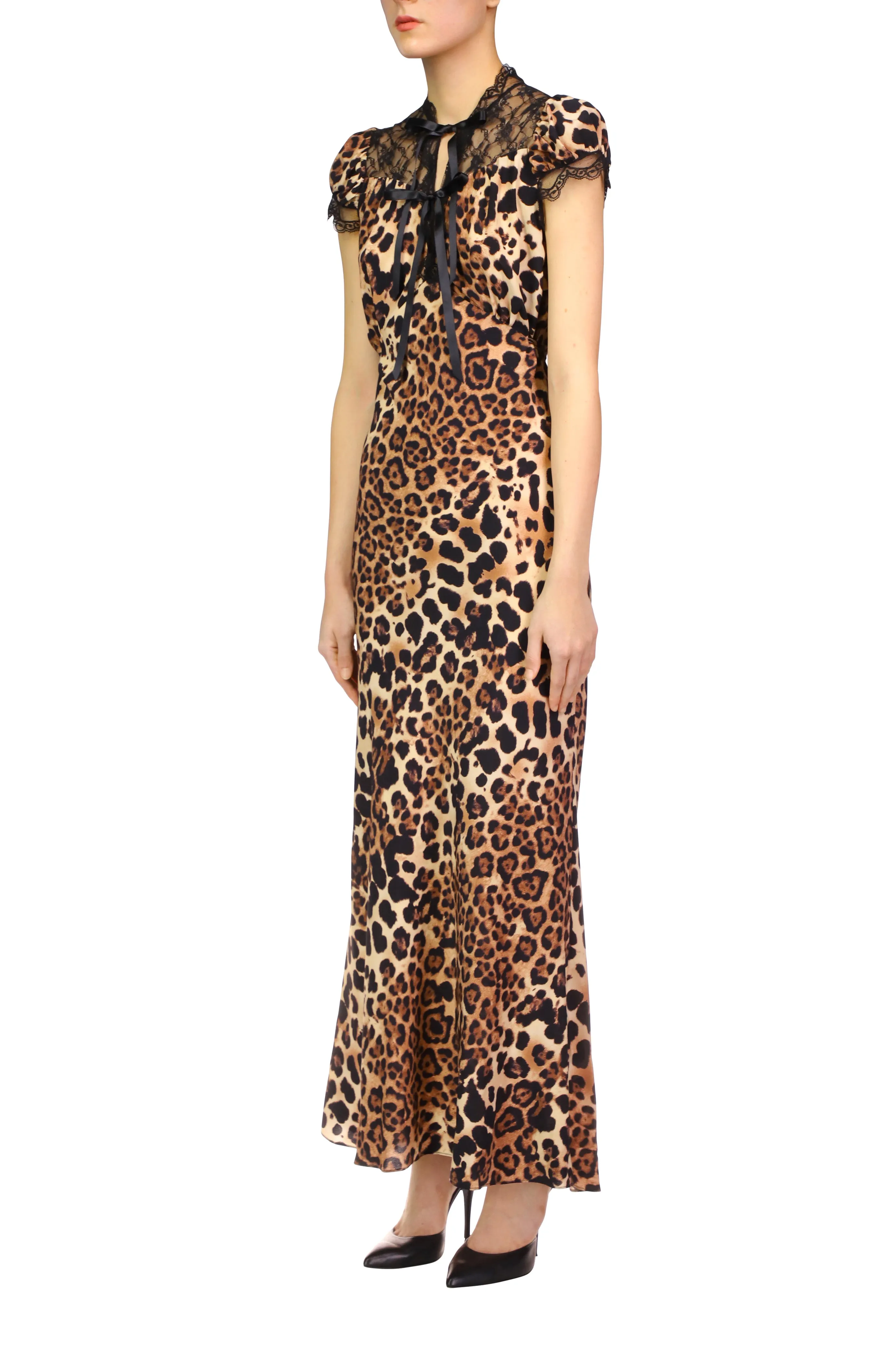 Leopard Printed Silk Crepe De Chine Bias Dress With Lace And Ruffle Detail