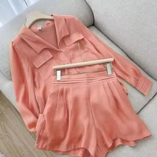 Light Airy Cotton Long Sleeve Shirt and Shorts