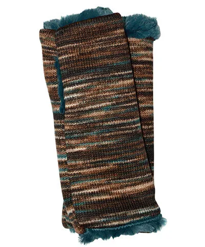 Men's Fingerless / Texting Gloves (Mid-Length) - Sweet Stripes in English Toffee with Cuddly Faux Fur