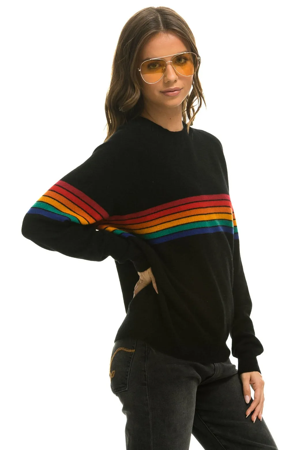 RAINBOW STRIPE 6 UNISEX LIGHT CASHMERE SWEATER - BLACK