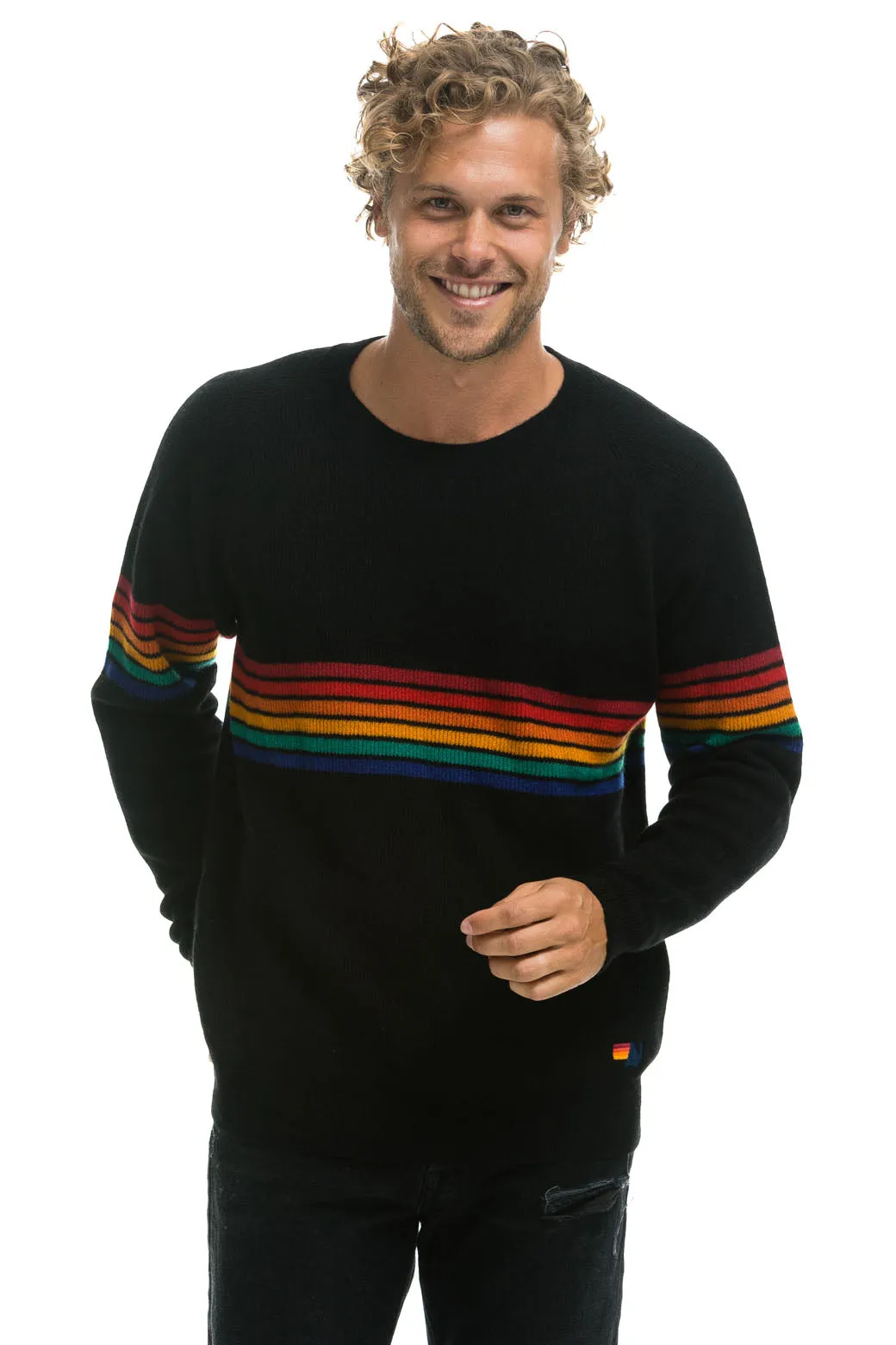 RAINBOW STRIPE 6 UNISEX LIGHT CASHMERE SWEATER - BLACK