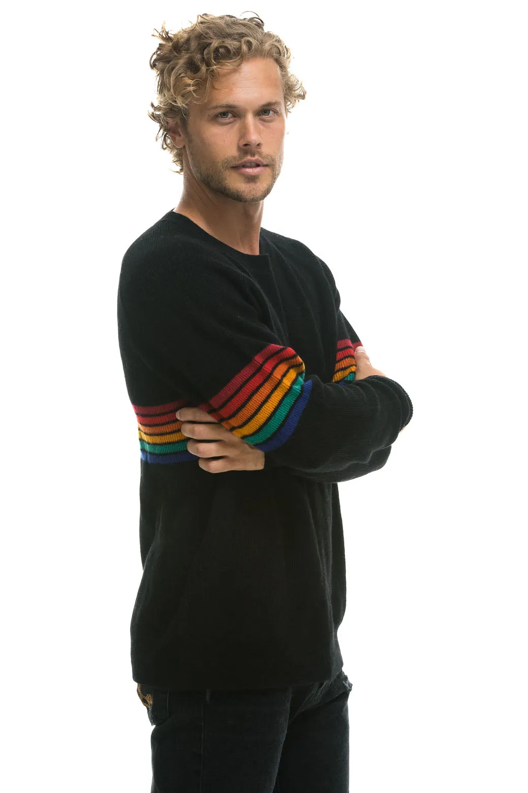 RAINBOW STRIPE 6 UNISEX LIGHT CASHMERE SWEATER - BLACK