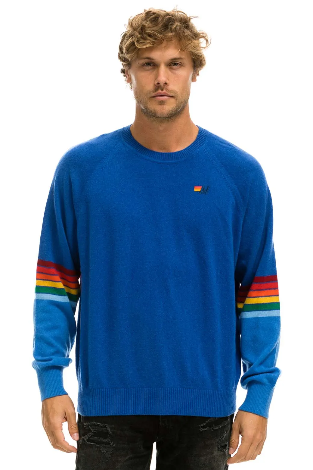 RAINBOW STRIPE SLEEVE UNISEX CASHMERE LIGHT SWEATER - VINTAGE BLUE