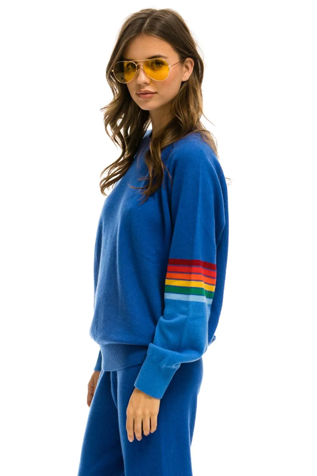 RAINBOW STRIPE SLEEVE UNISEX CASHMERE LIGHT SWEATER - VINTAGE BLUE