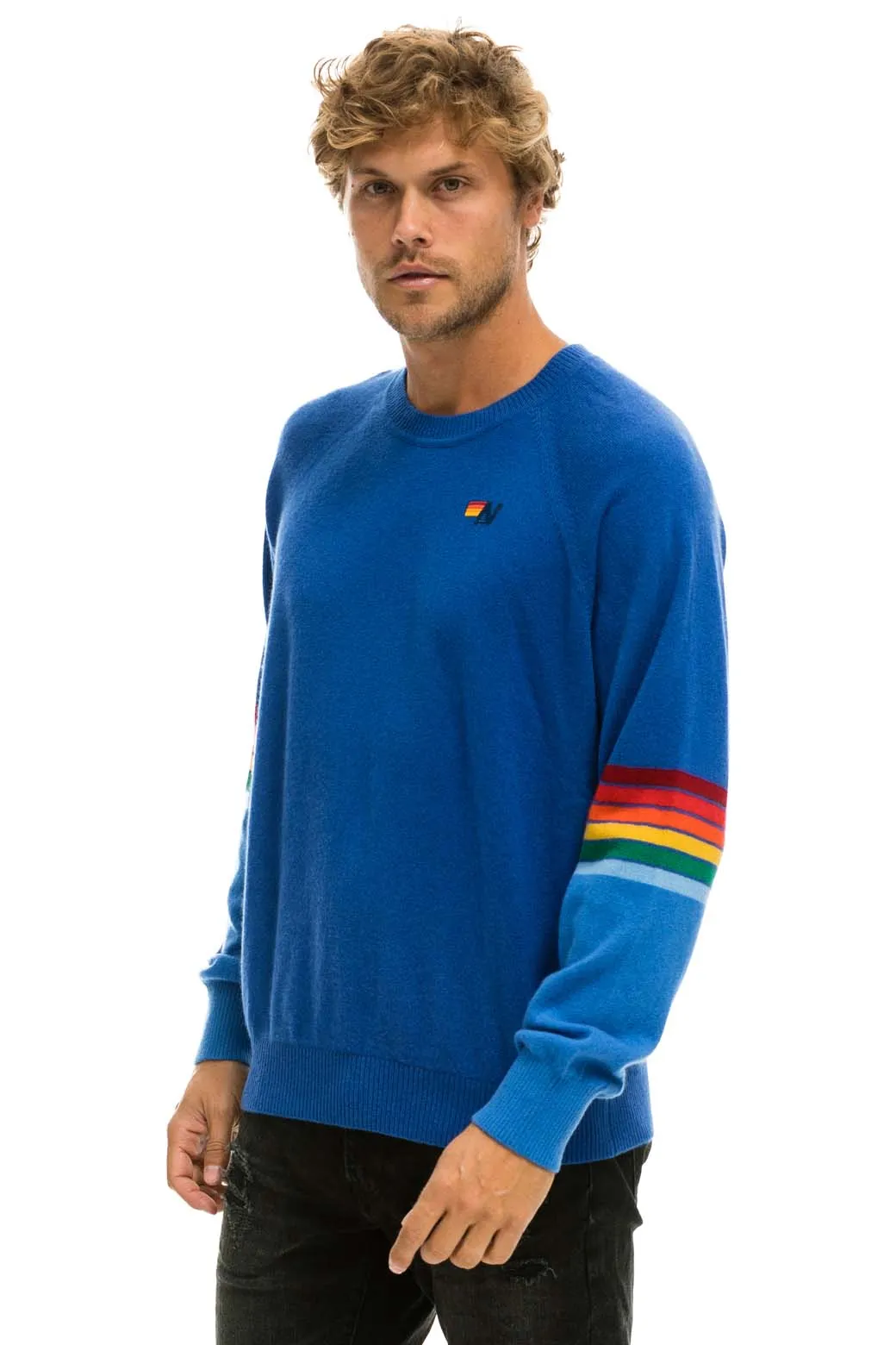 RAINBOW STRIPE SLEEVE UNISEX CASHMERE LIGHT SWEATER - VINTAGE BLUE