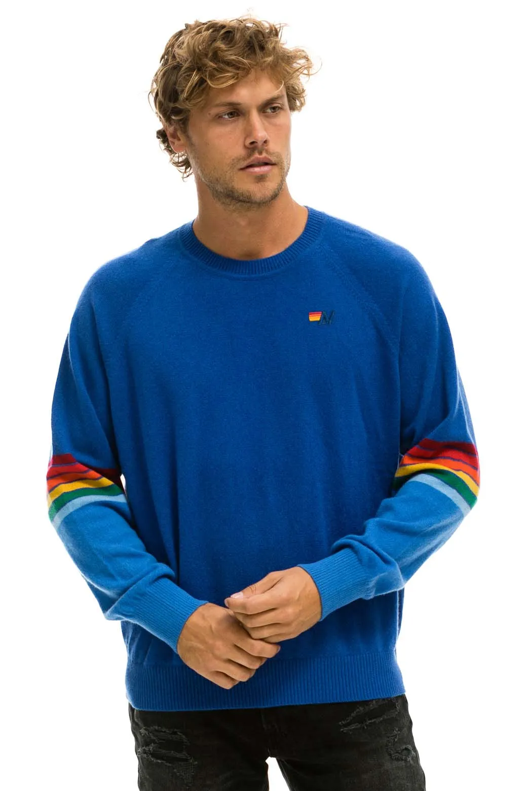 RAINBOW STRIPE SLEEVE UNISEX CASHMERE LIGHT SWEATER - VINTAGE BLUE