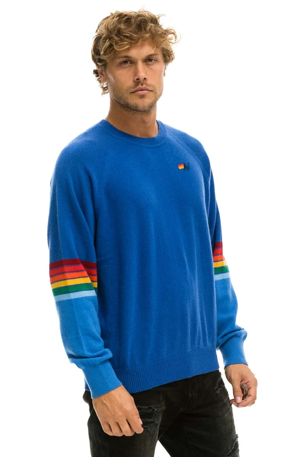 RAINBOW STRIPE SLEEVE UNISEX CASHMERE LIGHT SWEATER - VINTAGE BLUE