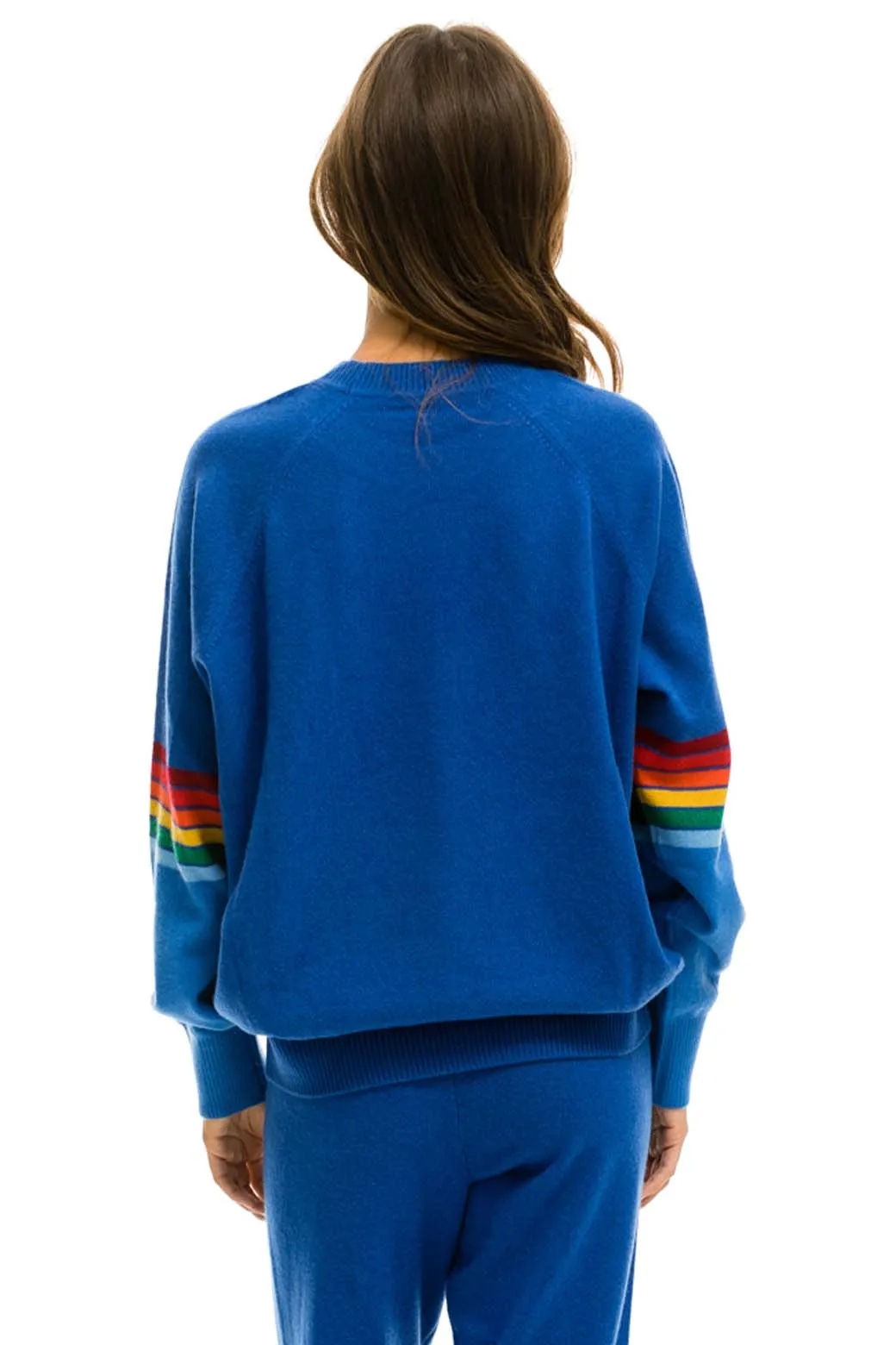 RAINBOW STRIPE SLEEVE UNISEX CASHMERE LIGHT SWEATER - VINTAGE BLUE