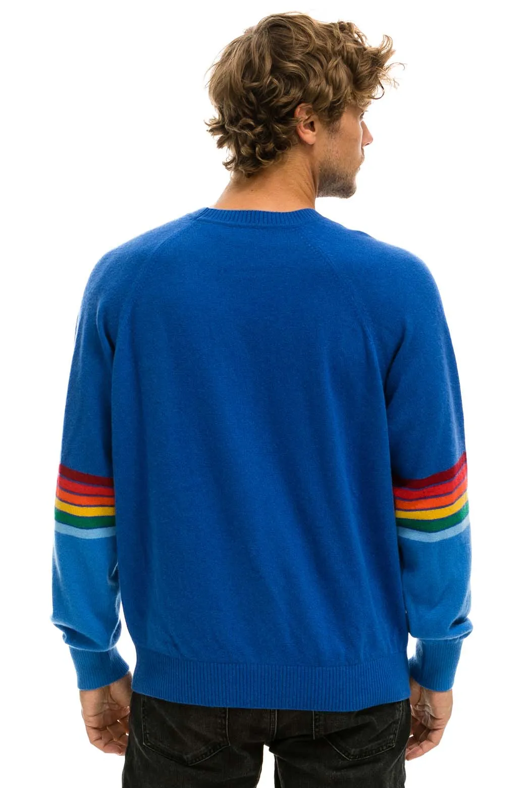 RAINBOW STRIPE SLEEVE UNISEX CASHMERE LIGHT SWEATER - VINTAGE BLUE