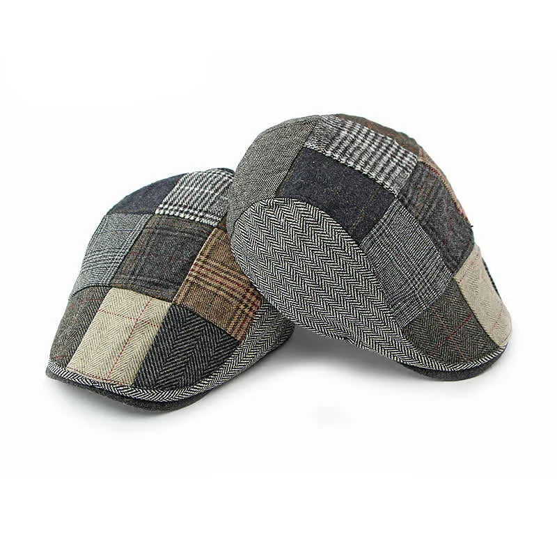 Retro Patchwork Plaid Herringbone Beret Hat