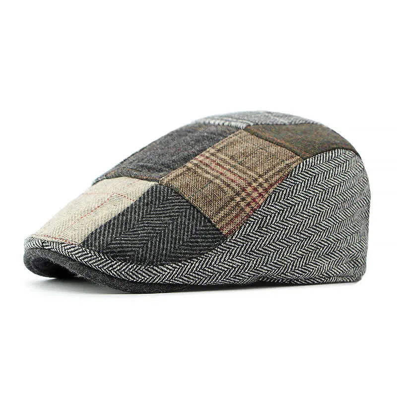 Retro Patchwork Plaid Herringbone Beret Hat